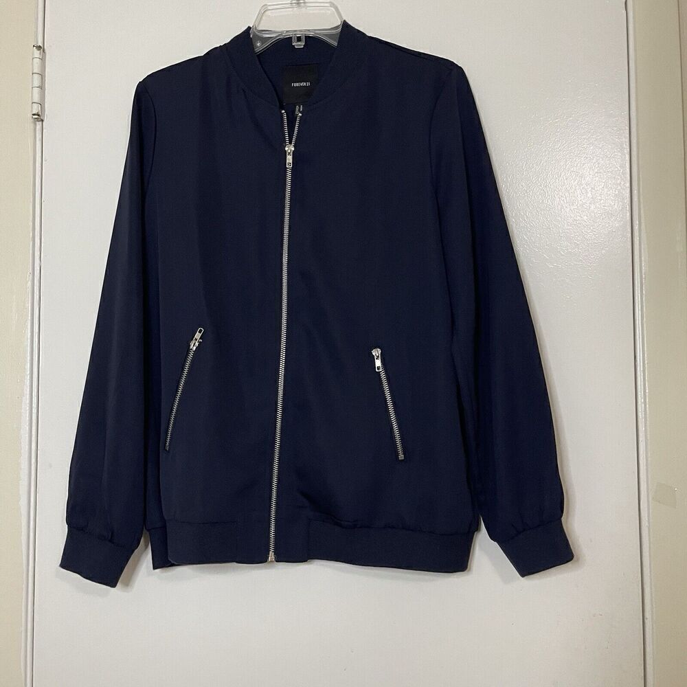 Forever 21 navy blue full zip bomber jacket size medium - Picture 1 of 5